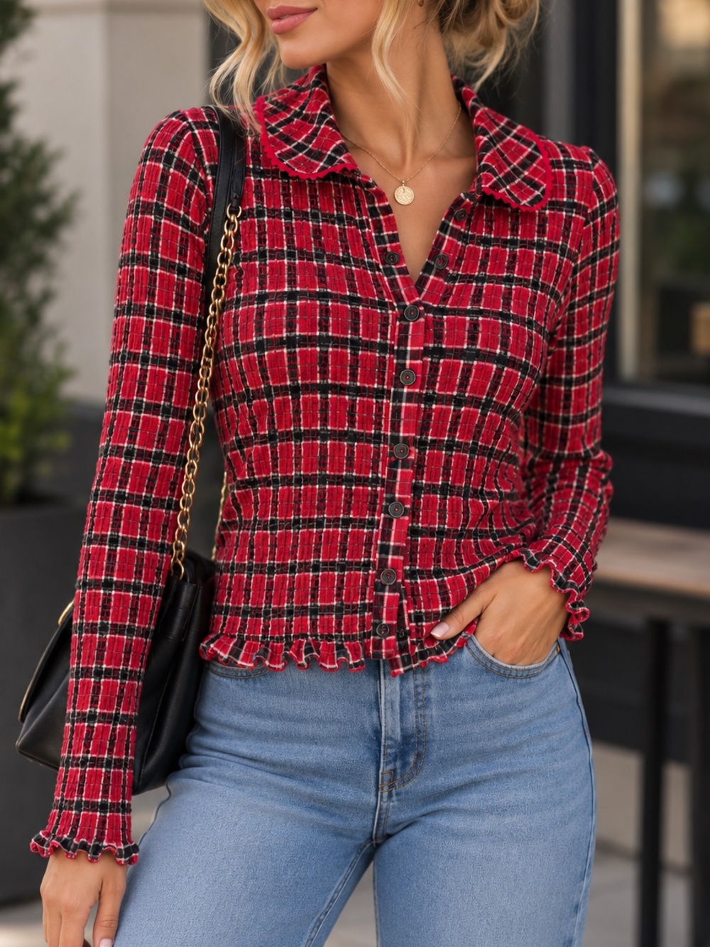 NWT Free People Red Plaid Smocked Button-Front Long Sleeve Top (Size XS)